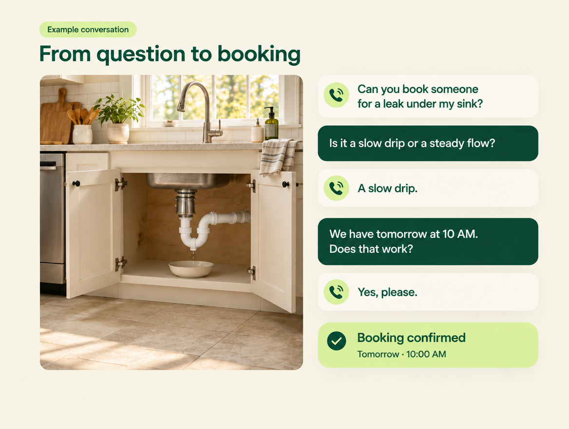Kitchen sink with a small drip caught in a bowl. A caller describes a slow leak, accepts tomorrow at 10 AM, and receives a booking confirmation.